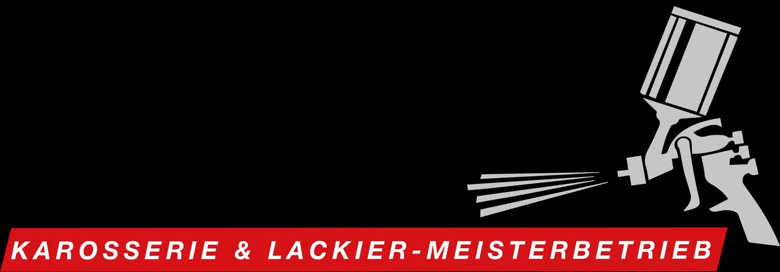 Logo Karosserie & Lackier-Meisterbetrieb mit einer Lackierpistole auf schwarzem Hintergrund.