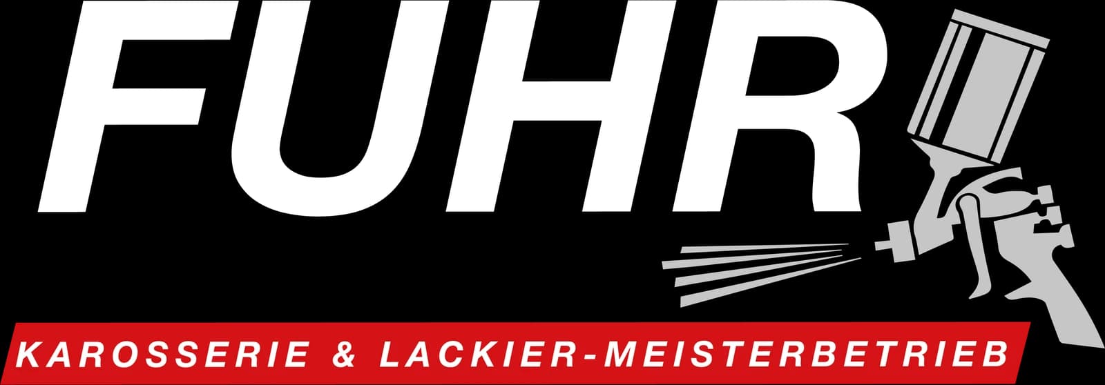 Logo der Fuhr Karosserie & Lackier-Meisterbetrieb mit einer Lackierpistole auf schwarzem Hintergrund.